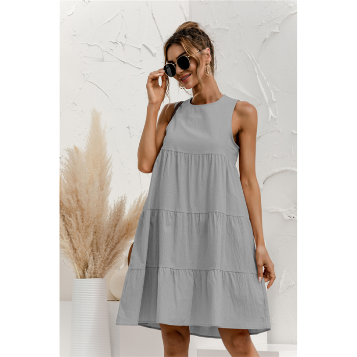 Loose Fashion Summer Cotton Sleeveless Solid Color Casual Dress