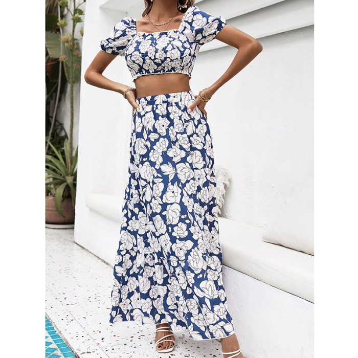 Women's Fashion Printed Bohemian  Party Elegant Slim Top + Skirt Two-Piece Maxi Dress