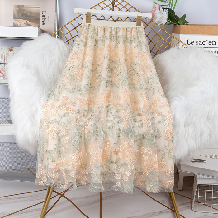 Fashion Casual Beautiful Floral Embroidery Elegant Mesh High Waist Skirts