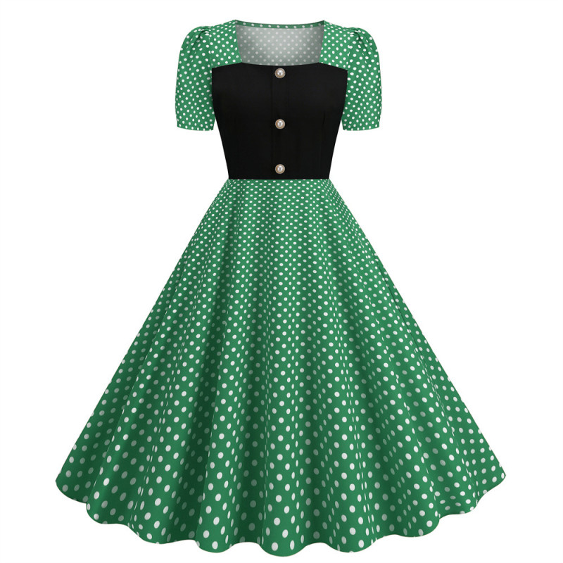 Elegant Women's Polka Dot Print Square Neck Short Sleeve Party Rock 1950 Vintage Dress