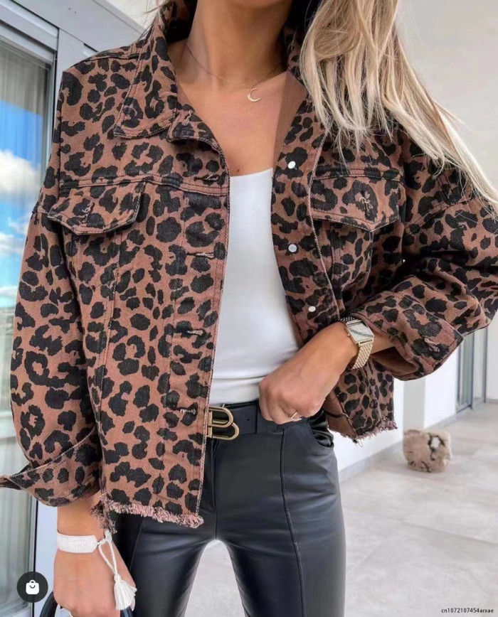 Women's Fashion Sexy Leopard Print Outerwear Single Breasted Ripped Denim Jacket