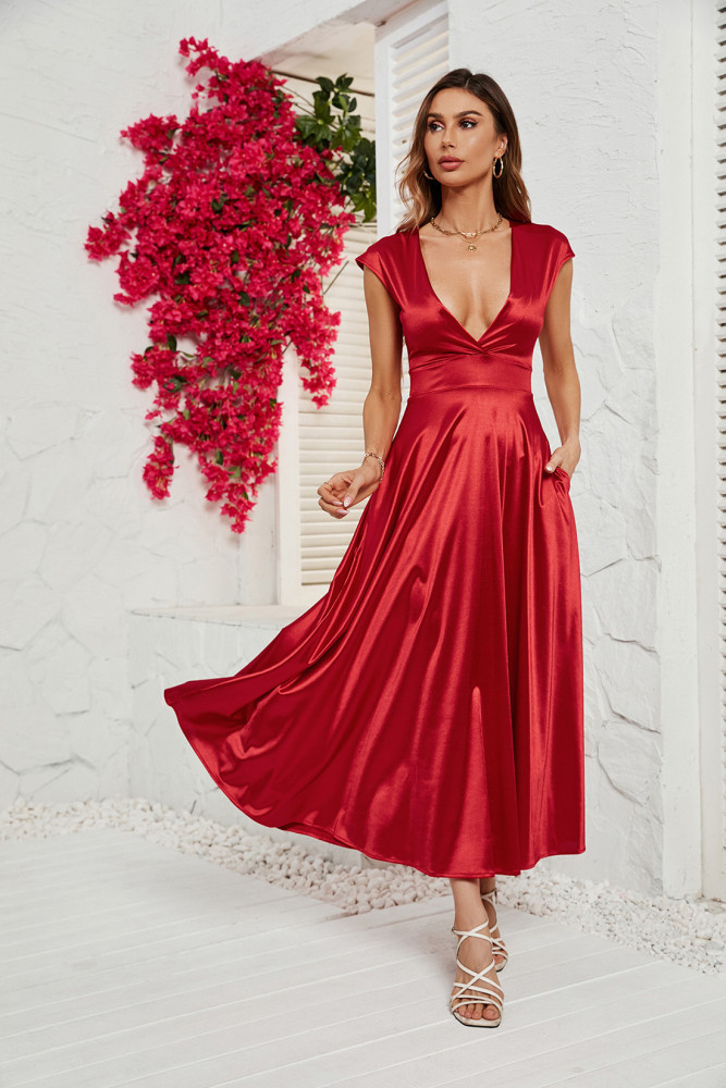 Women's Fashion Casual Summer Solid Color V-Neck Short Sleeve Swing Maxi Dress
