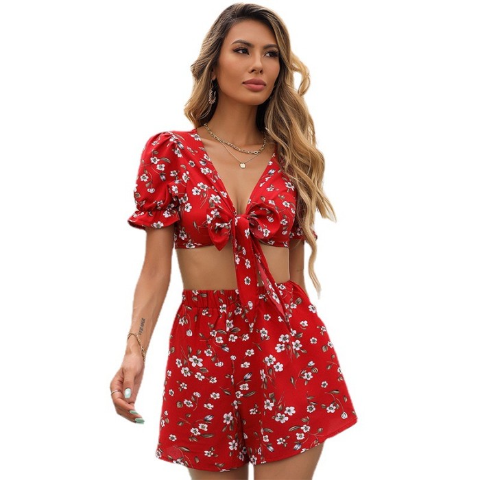 Summer Women's Solid Color Fashion Ruffle Sleeves Tie Lu Qi Sexy Two-Piece Suit