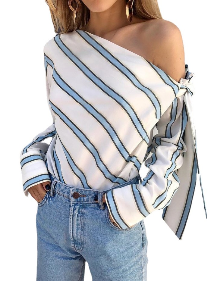 Women's Tops Simple Fashion Slanted Shoulder Lace-Up Striped  Blouses & Shirts
