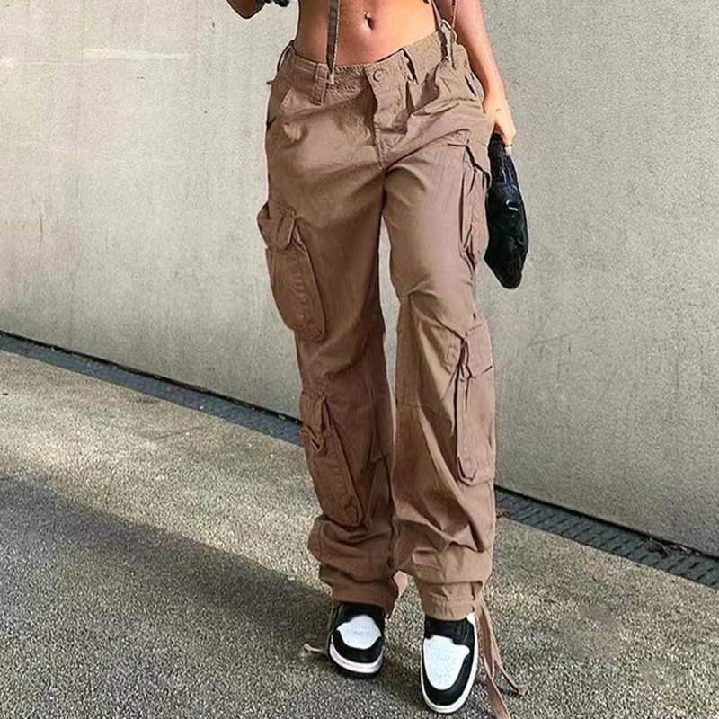 Women's Fashion Solid Color Street Low Rise Denim Casual Cargo Pants