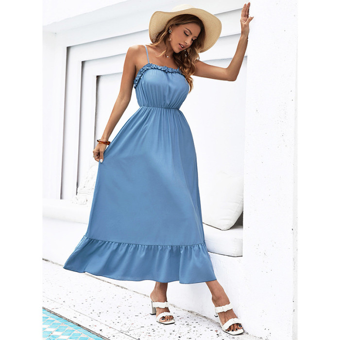 Women's Fashion Solid Color Sexy Slim Slim Suspender Maxi Dress