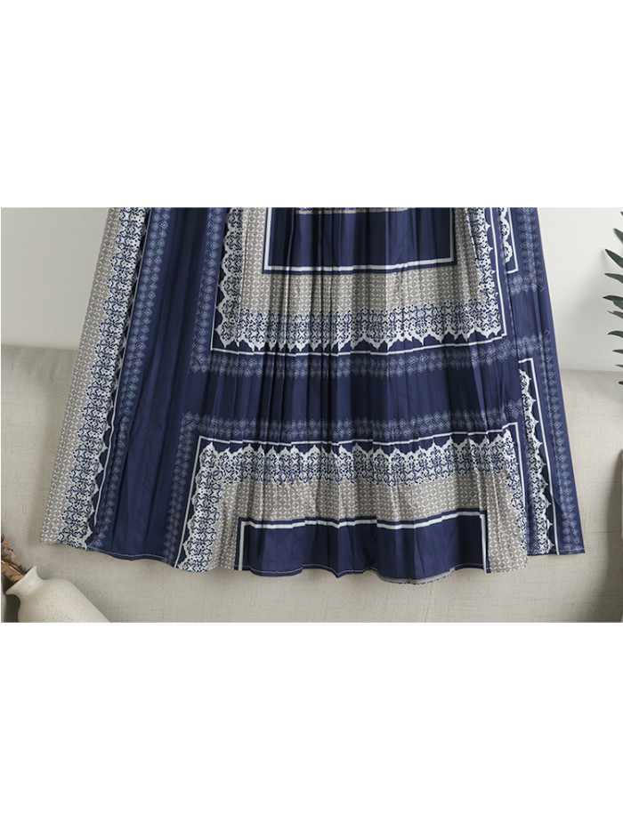 Women's Fashion Vintage Plaid Print A-Line High Waist Pleated Long Skirt