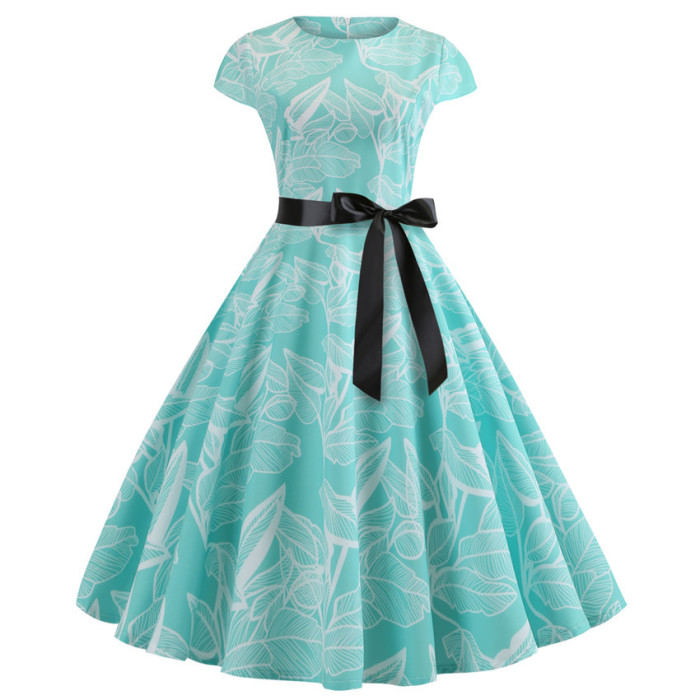 Fashion Print Short Sleeve Hepburn Style Lace Up Swing Retro 1950 Vintage Dress