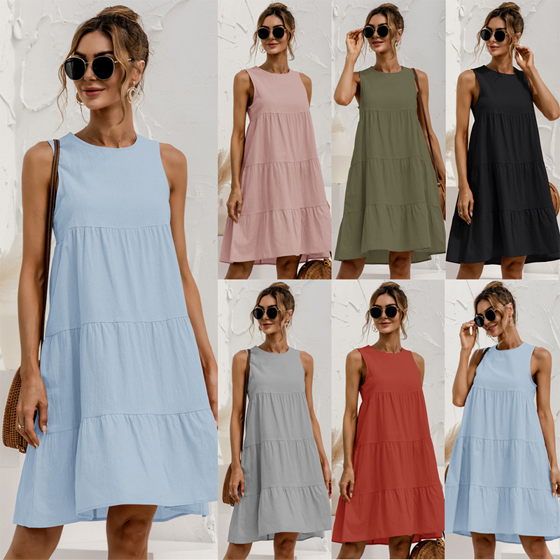 Loose Fashion Summer Cotton Sleeveless Solid Color Casual Dress