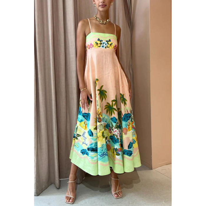 Women Fashion Sling Print Casual Loose High Waist Resort  Maxi Dress