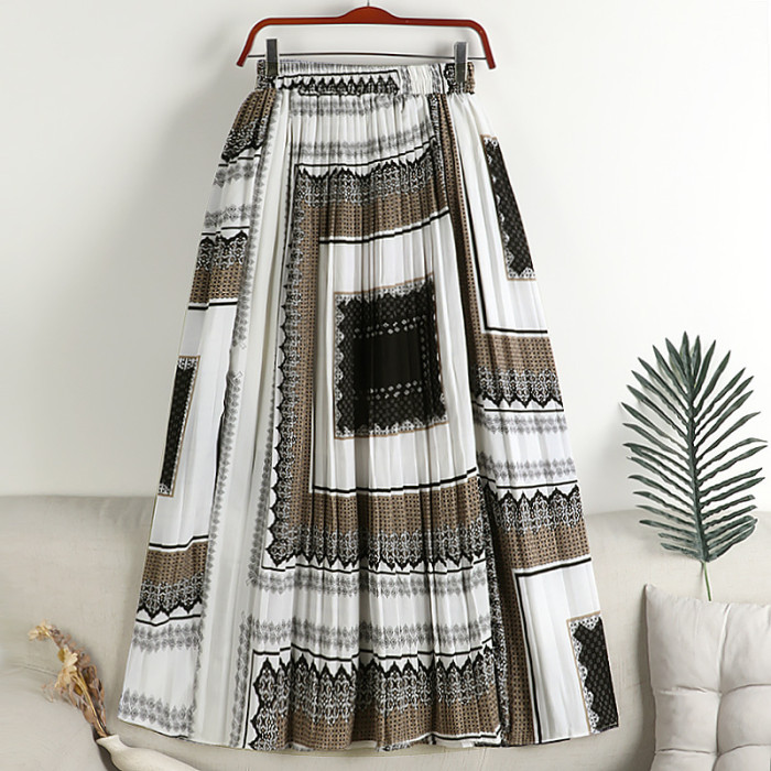 Women's Fashion Vintage Plaid Print A-Line High Waist Pleated Long Skirt
