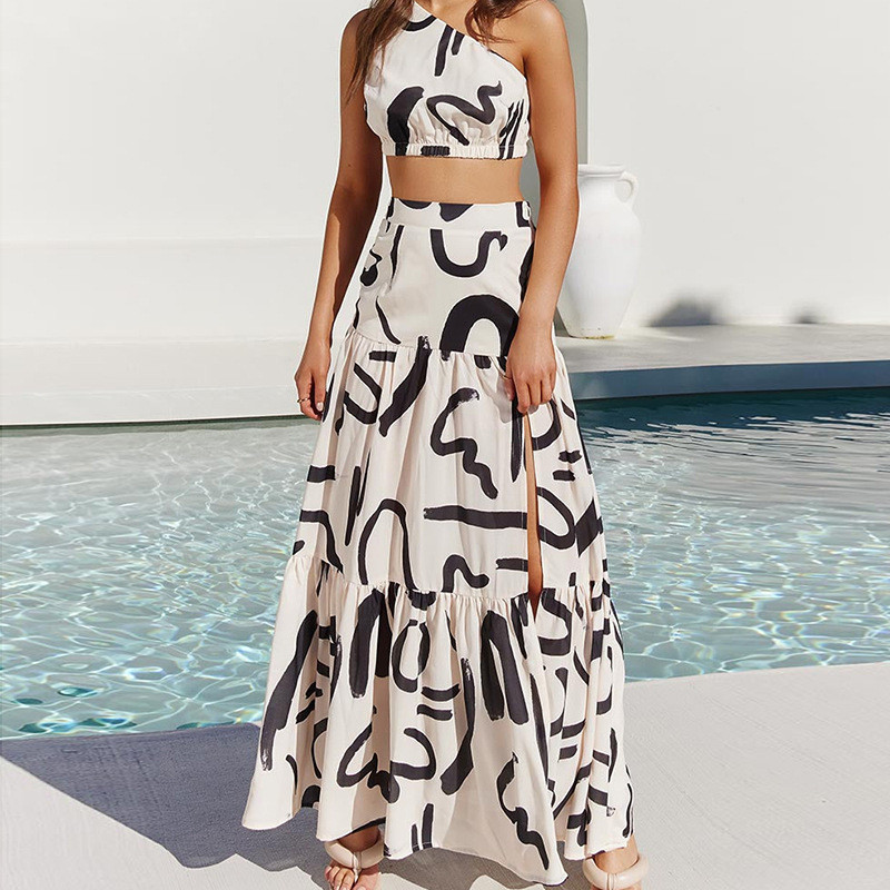 Women's Fashion Two-Piece Printed Slanted Shoulder Top Slit Maxi Dresses