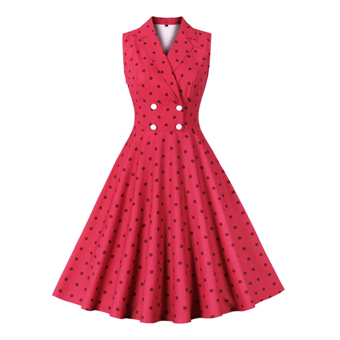 Women's Summer Sleeveless Lapel Polka Dot Print Button  1950 Vintage Dress