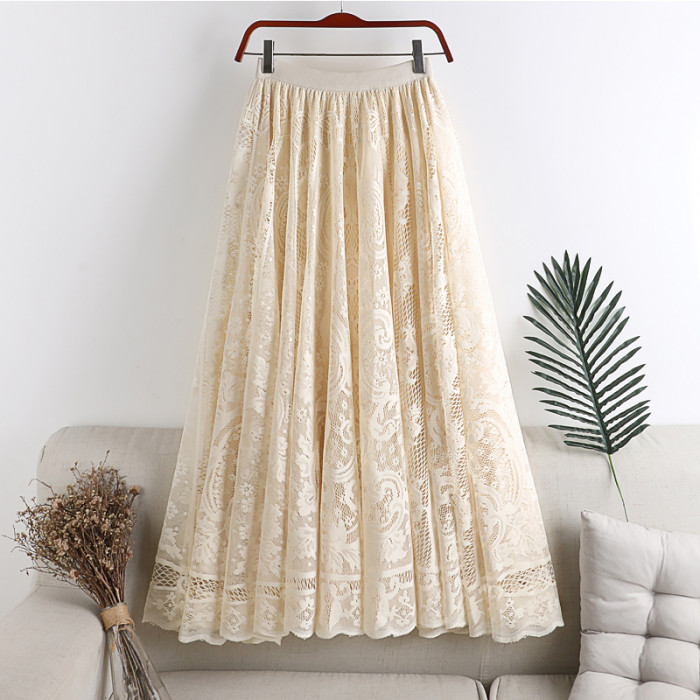 Fashion Crochet Hollow Lace Retro Elegant A-Line High Waist Skirts