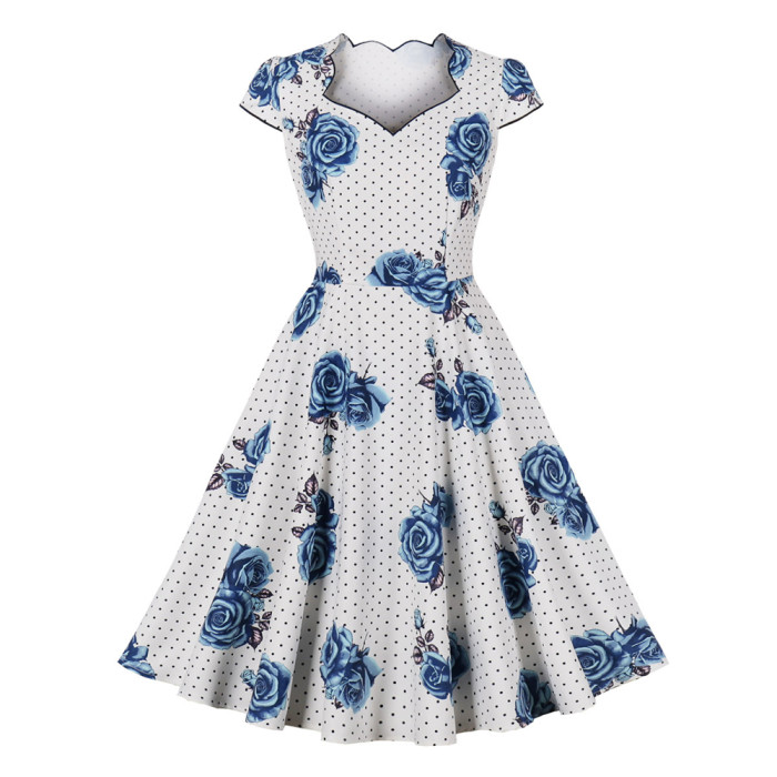 Trendy Polka Dot Floral Print A-Line Swing 1950 Vintage Dress