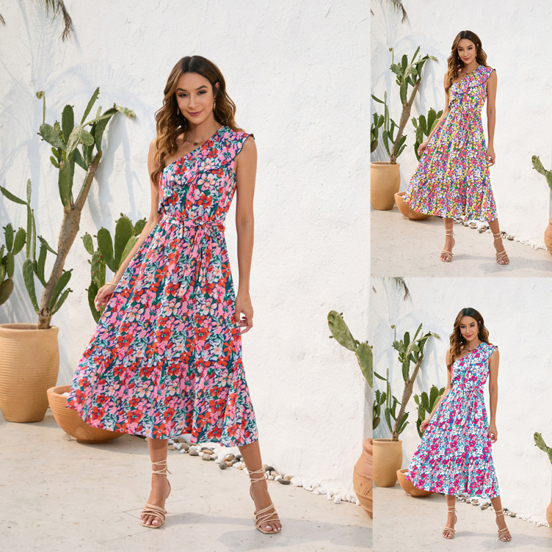 Bohemian Slant Shoulder Floral Print Casual Resort Swing  Midi Dress
