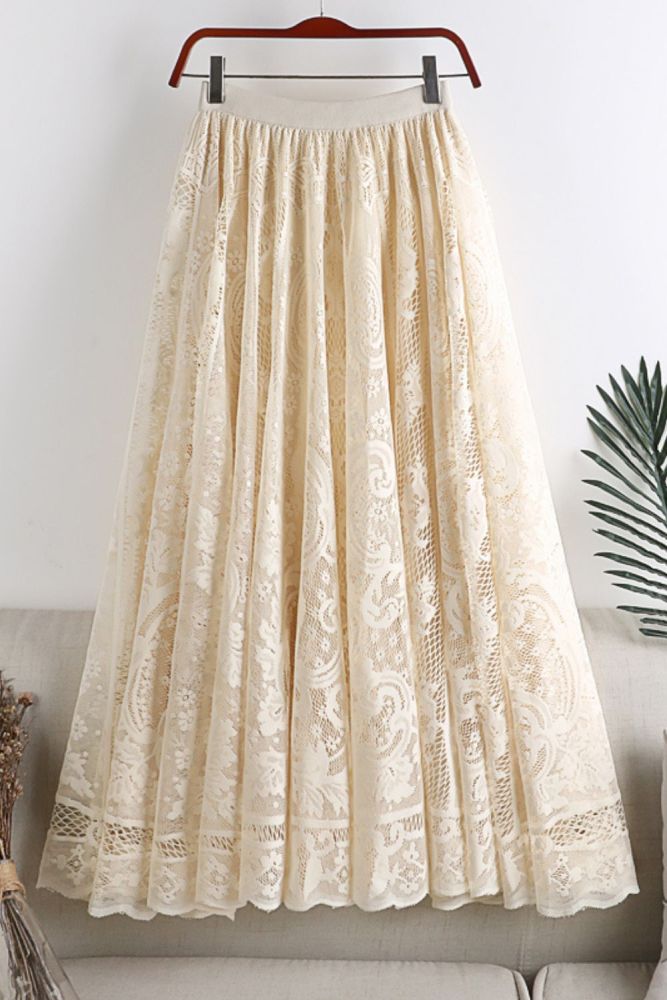 Fashion Crochet Hollow Lace Retro Elegant A-Line High Waist Skirts