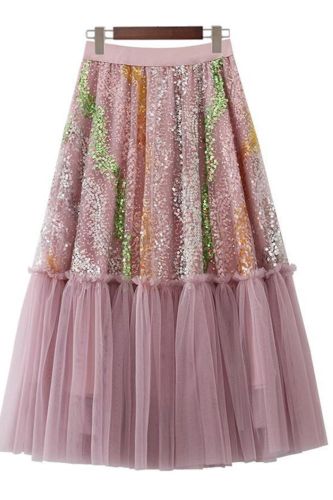 Fashion Sequin Tulle High Street Mesh A-Line High Waist Pleated Skirt