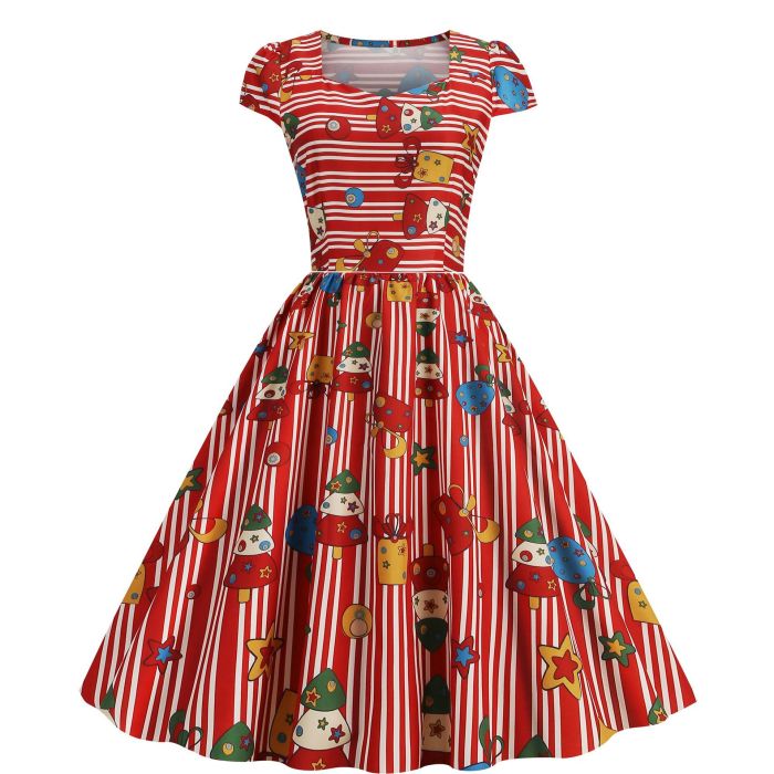 Women's Summer Elegant Square Neck Printed Swing Party  Vintage Dress