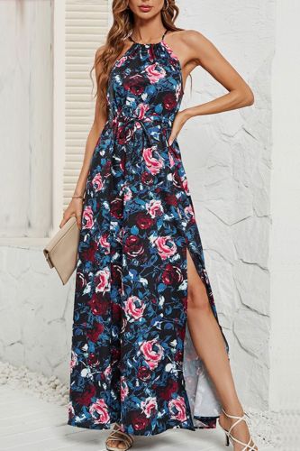 Women Summer Print Tie Fashion Boho Style Party Sleeveless Maxi Dress