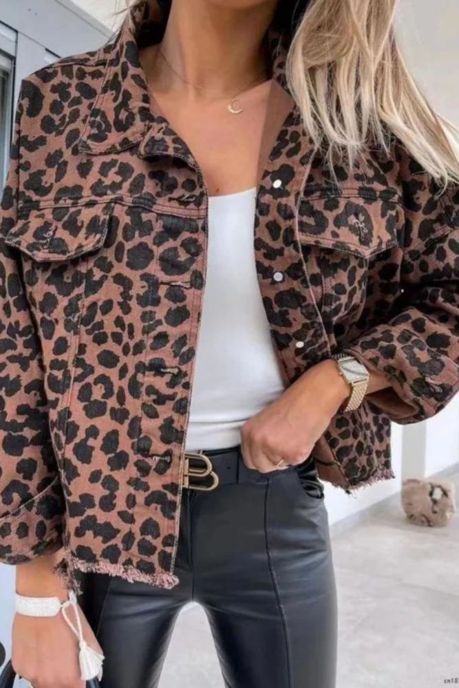 Women's Fashion Sexy Leopard Print Outerwear Single Breasted Ripped Denim Jacket