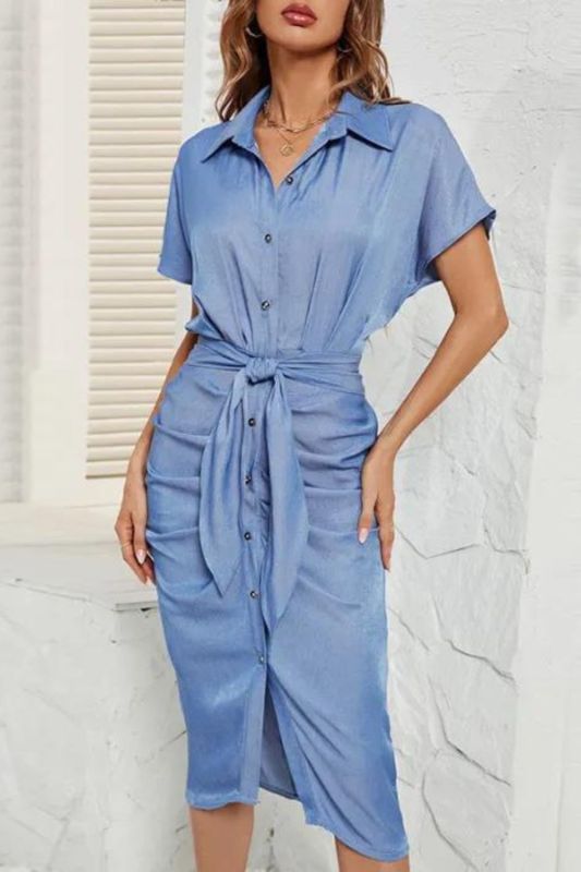 Women Fashion Lapel Pleated Sexy Denim Short Sleeve Midi Dress