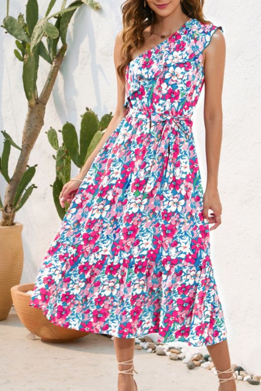 Bohemian Slant Shoulder Floral Print Casual Resort Swing  Midi Dress