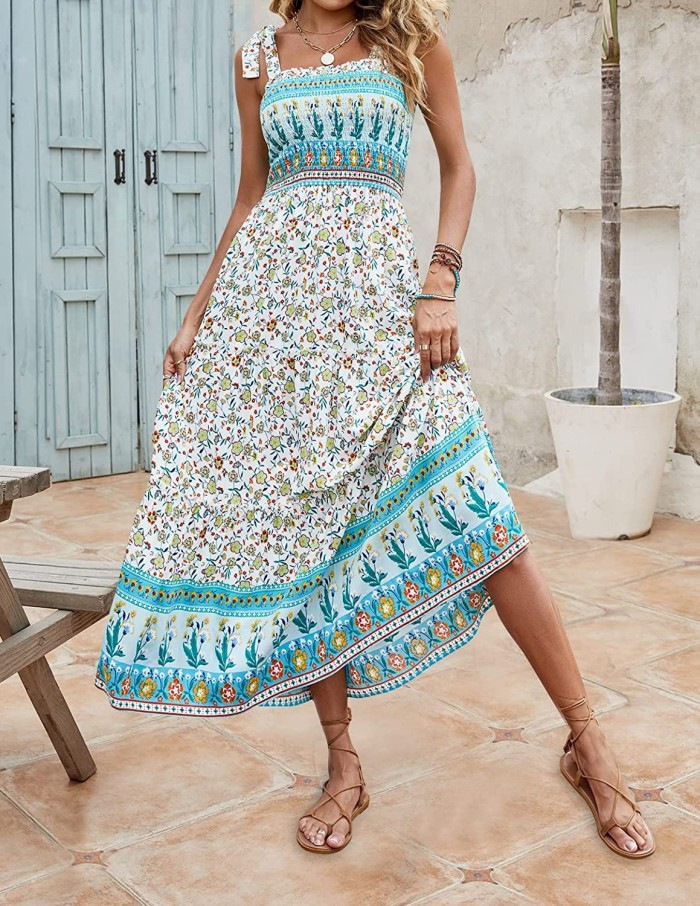 Women's Summer Flower Print Retro Boho Casual Party  Maxi Dress