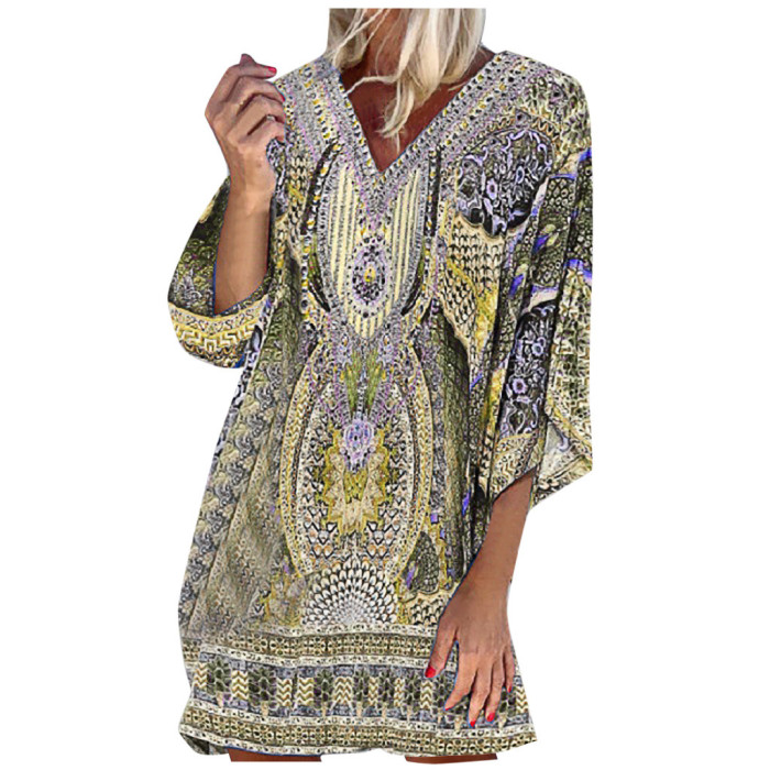 Summer Bohemian Beach Retro V Neck Printed Long Sleeves Casual Vacation Mini Dress