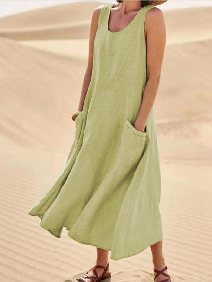 Vintage Sleeveless Elegant Round Neck Solid Cotton Linen Casual Loose Maxi Dress