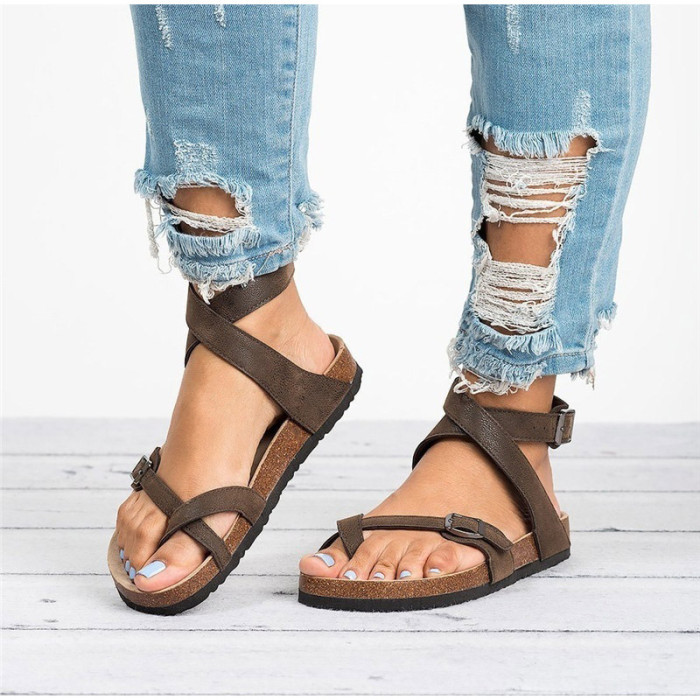 Summer Women's T-Cross Ankle Strap Thick Sole Metal Buckle Flat Beach Sandals