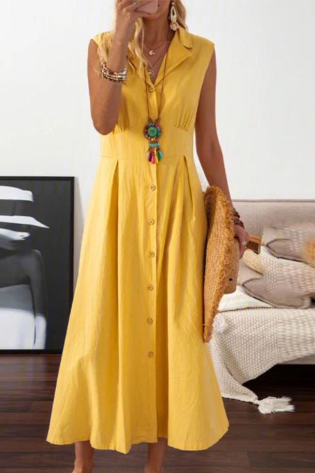 Fashion Retro Casual Sleeveless Lapel Cotton Linen Solid Color Elegant Maxi Dress