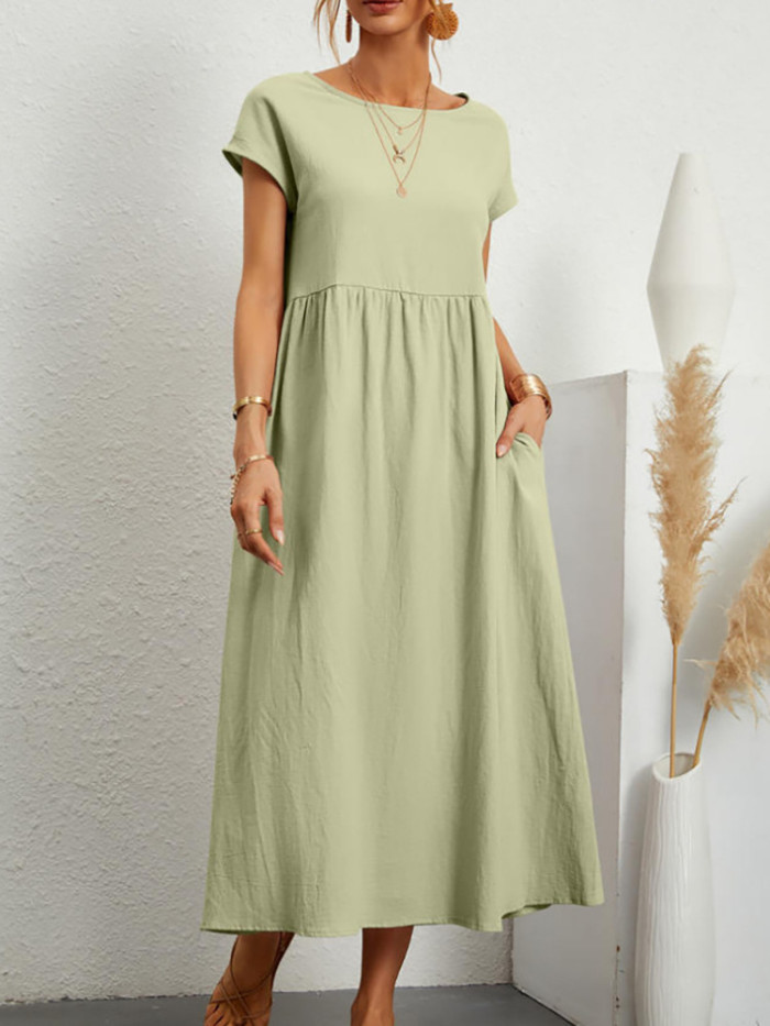 Women's Retro Solid Color Summer Elegant O-Neck Cotton Linen Casual Loose  Midi Dress