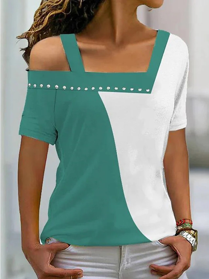 Women's Off-Shoulder Square Neck Diamond Contrast Color Fashion Blouses & Shirts
