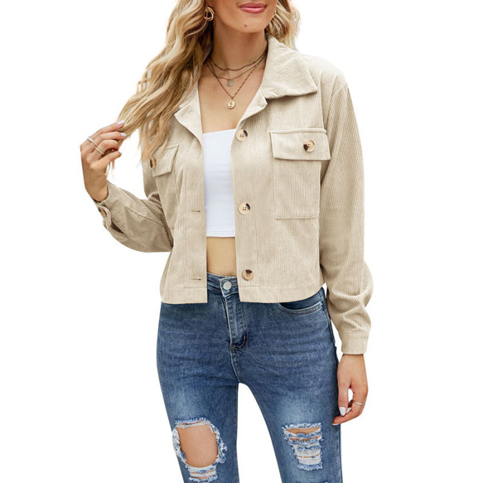 Women's Fashion Casual Solid Color Cropped Corduroy Pocket Button Jacket Coat