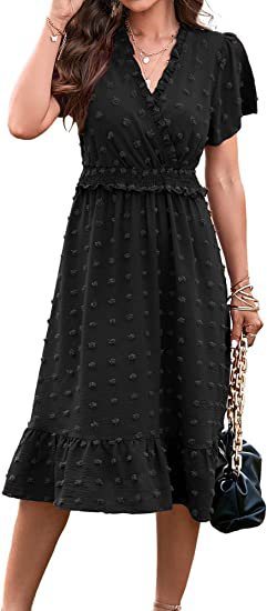 Women's Fashion V Neck Polka Dot Pleated Bohemian  Casual  Midi Dress