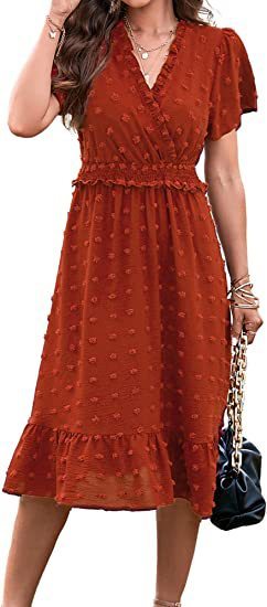 Women's Fashion V Neck Polka Dot Pleated Bohemian  Casual  Midi Dress