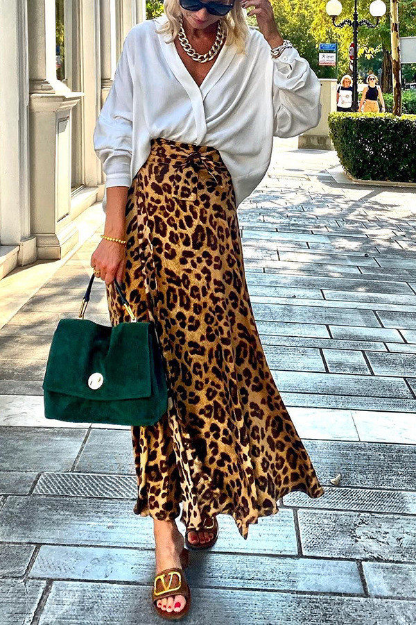 Summer Fashion Leopard Print Lace Up Casual Mid Length Skirt