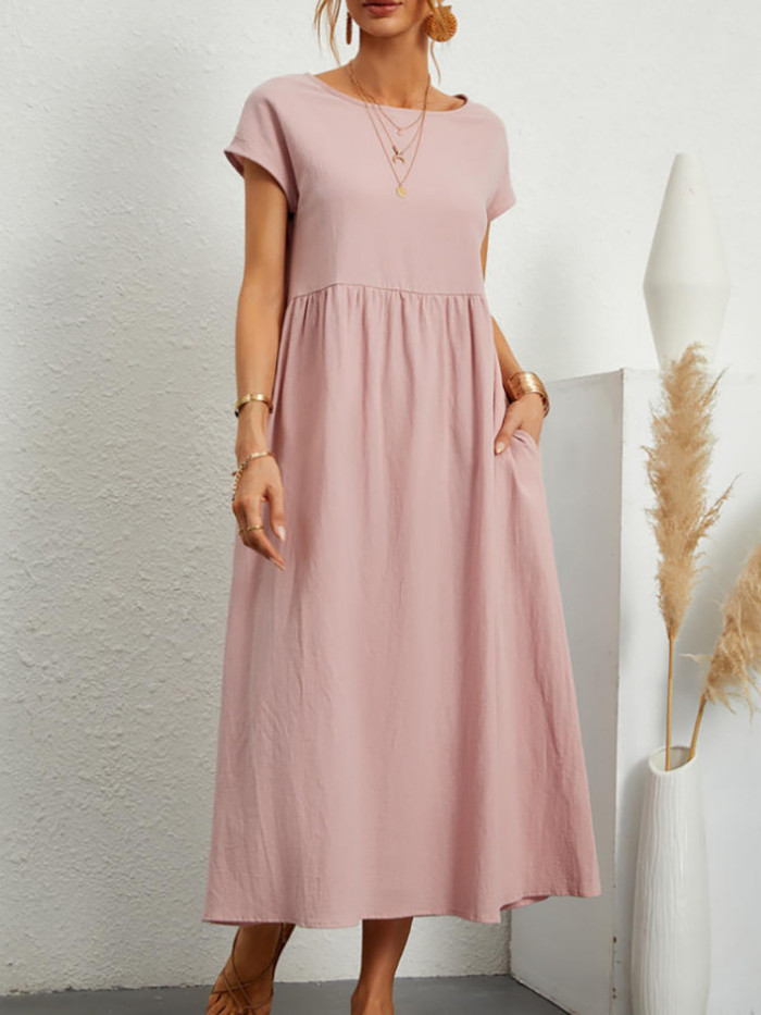 Women's Retro Solid Color Summer Elegant O-Neck Cotton Linen Casual Loose  Midi Dress
