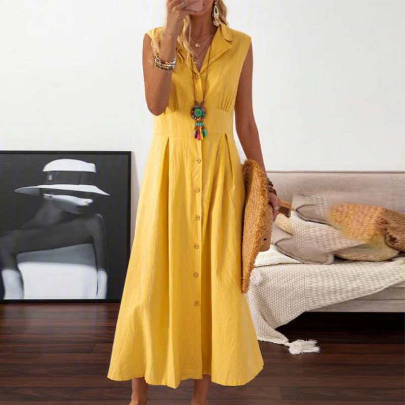 Fashion Retro Casual Sleeveless Lapel Cotton Linen Solid Color Elegant Maxi Dress