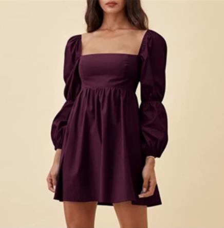 Women's Square Neck Bubble Long Sleeve A-Line Fashion Pleated Loose Mini Party Dress