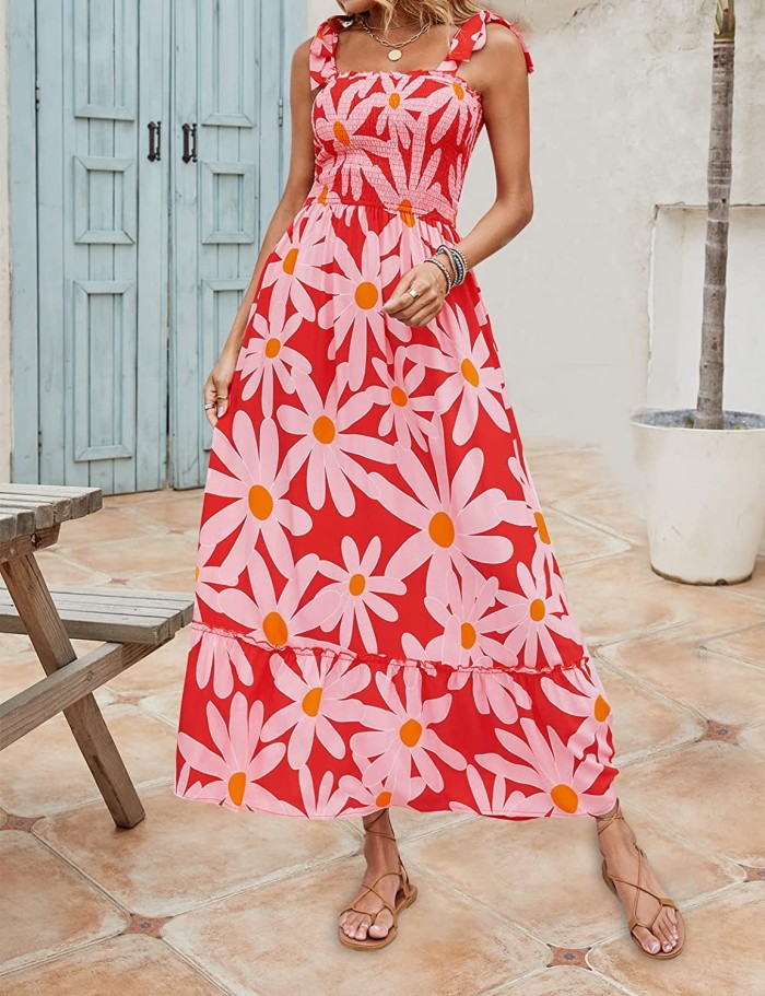 Women's Summer Flower Print Retro Boho Casual Party  Maxi Dress