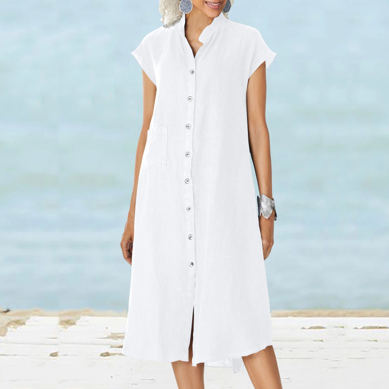 Summer Cotton Linen Casual Button Cardigan Retro Stand Collar Pocket Shirt Dress