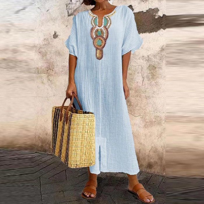 Vintage Cotton Linen Boho V Neck Slit Party Loose Beach  Casual Dress