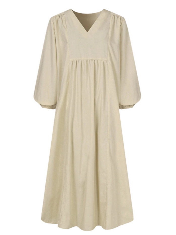 Solid Color Fashion V Neck Cotton Linen Loose Casual Holiday Midi Dress