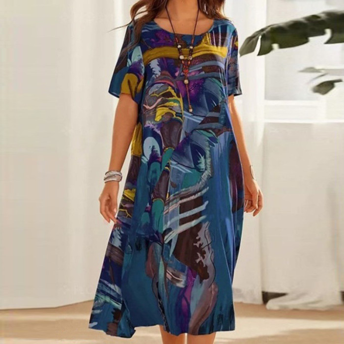 Fashionable Bohemian Summer O-Neck Print Loose Casual Dress
