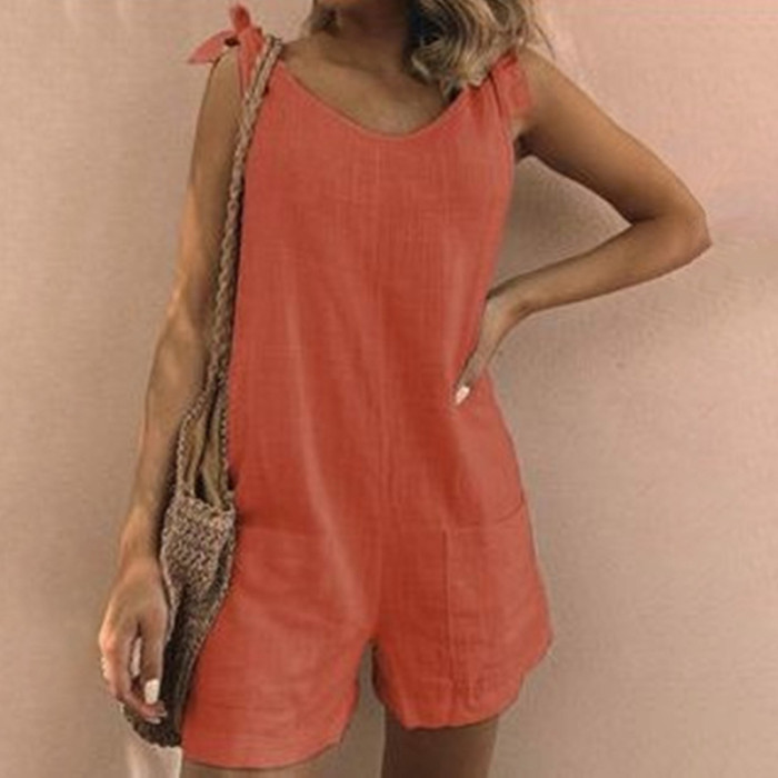 Women's Fashion Linen Summer Casual Solid Color Cargo Rompers