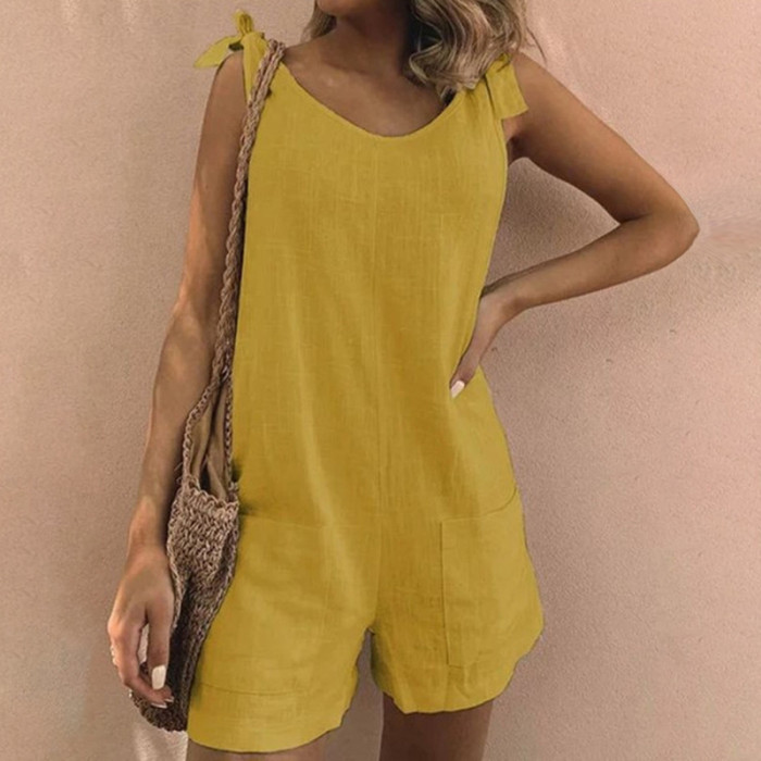Women's Fashion Linen Summer Casual Solid Color Cargo Rompers