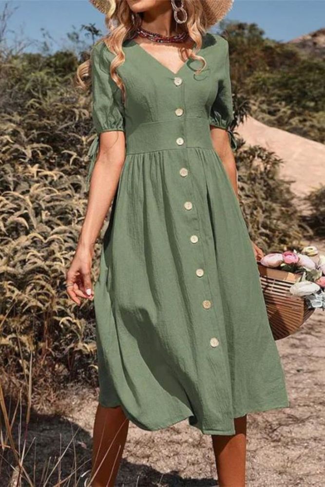 Retro Fashion V Neck Solid Color Loose Casual Tie  Midi Dress