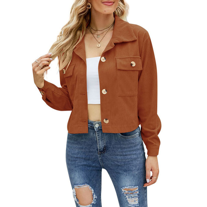 Women's Fashion Casual Solid Color Cropped Corduroy Pocket Button Jacket Coat
